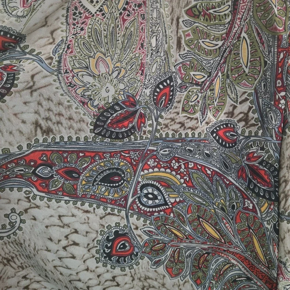 Womens Unique Paisley Print Sleeveless Blouse Ruffle Fringe Collar Tan Red Large